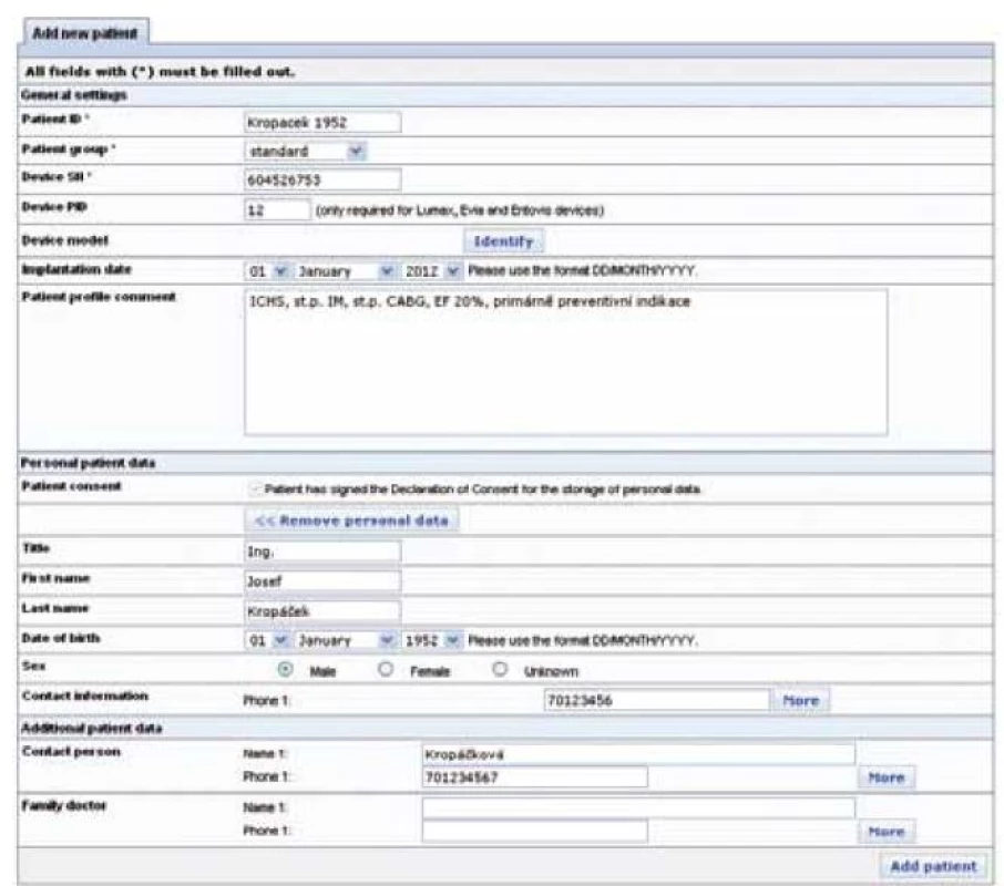 Zadání dat nového pacienta v systému Biotronik Home Monitoring.
Při zadání dat nového pacienta je nutné uvést identifikační řetězec (Patient ID), zařadit pacienta do pacientské skupiny, zadat výrobní číslo implantátu a jeho PID. Nepovinným údajem je datum implantace, poznámka, plné jméno pacienta včetně data narození, jeho pohlaví, telefonní čísla a kontakty.
