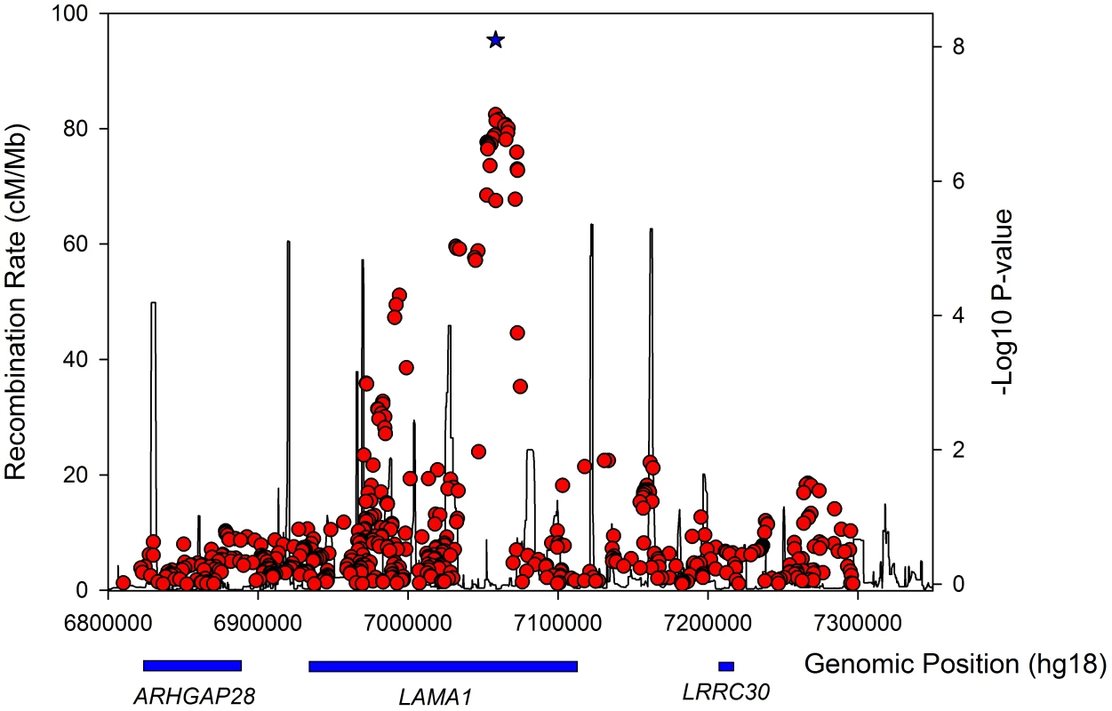 Regional association plot for the <i>LAMA1</i> gene in lean type 2 diabetes samples.
