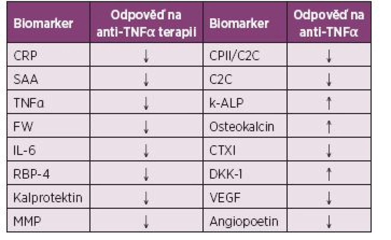 Potenciální biomarkery léčebné odpovědi a jejich chování v séru po anti-TNFα terapii 
u pacientů s ankylozující spondylitidou (46,69,77,81,86,91,100,119-130).