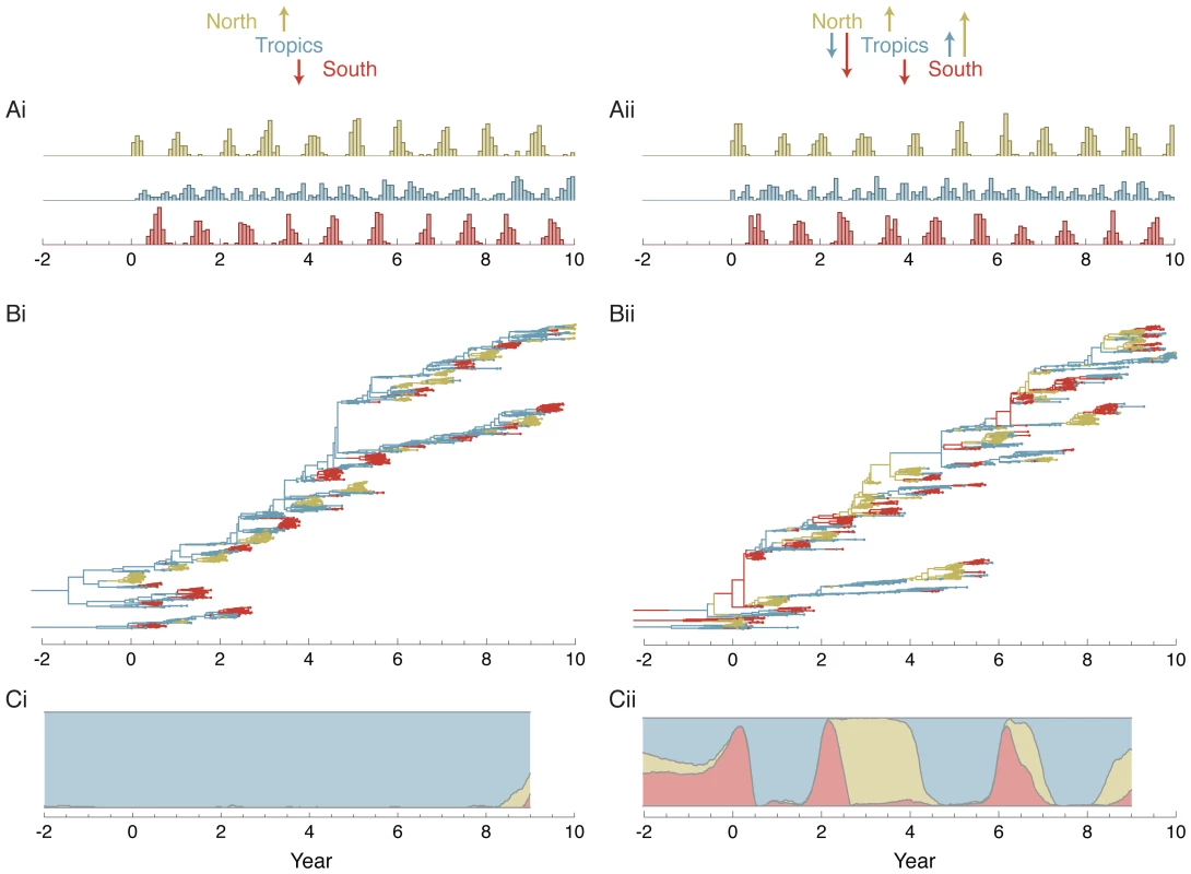 Analysis of epidemiological simulations for a source-sink model (i) and an equal contacts model (ii) of spatial structure.