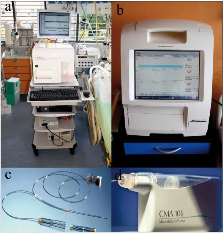Mikrodialýza. Původní přístroj ke klinickému využití CMA 600 (A). Nová generace mikrodialyzačního přístroje, tzv. ISCUS flex (B). Mikrodialyzační katétr. Nahoře je závit k připojení k perfuzní pumpě, uprostřed katétr, který se aplikuje do mozkové tkáně a v dolní části obrázku pak koncovka k napojení mikroampulky (C). Mikrodialyzační pumpa CMA 106 s konstantní rychlostí 0,3 μl/ min (D).