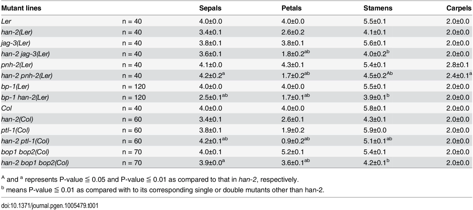 Characterization of the number of floral organs in different mutant lines.