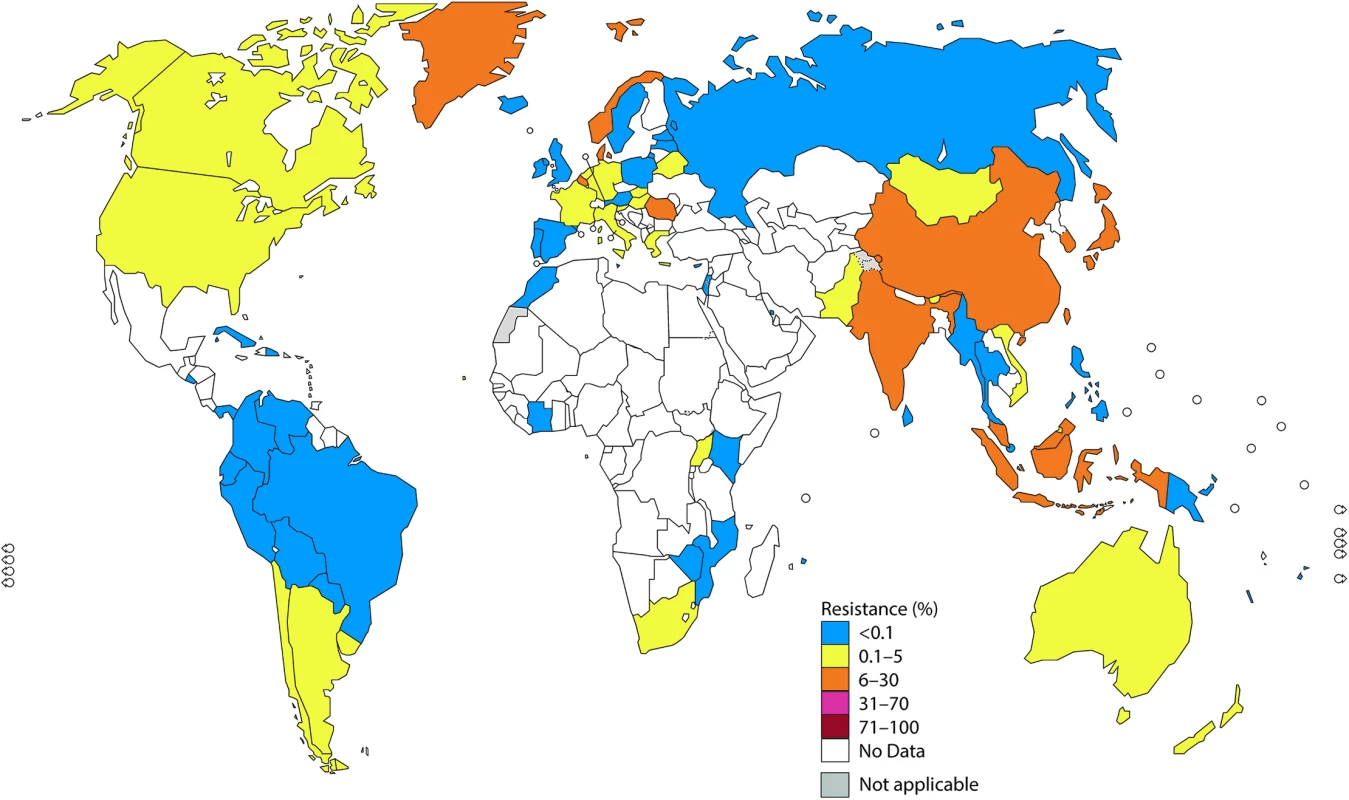 The percentage (%) of isolates with decreased susceptibility or resistance to extended-spectrum cephalosporin (ESC) (cefixime and/or ceftriaxone) according to the most recent World Health Organization (WHO) Gonococcal Antimicrobial Surveillance Programme (GASP) data (2014 for most countries, but for a few countries, only 2011–2013 data were available).