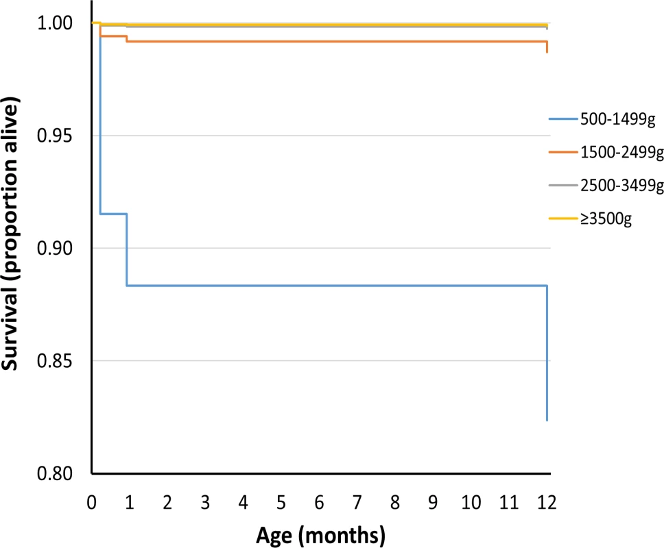 Survival curve by birthweight group for deaths up to 1 y of age for UK population between 1993 and 2011.