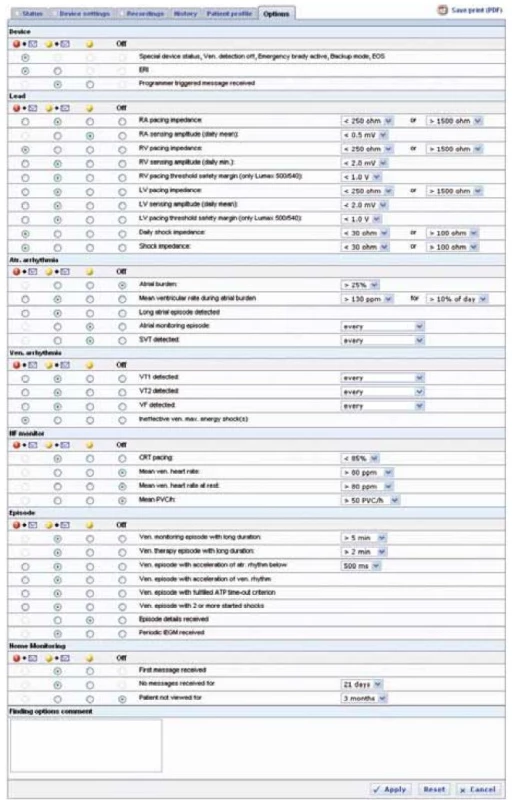 Nastavení jednotlivých událostí v systému Biotronik Home Monitoring.
Jednotlivým událostem lze přiřadit hranice tolerovaných hodnot a kód závažnosti události (4 sloupce vlevo) – nejvyšší závažnost má „červený stav“, který je vždy provázen upozorněním lékaře na událost, „žlutý stav s odesláním upozornění“ a „žlutý stav bez odeslání upozornění lékaře“ nebo „hlášení vypnuto“ (daná událost není systémem zaznamenávaná).