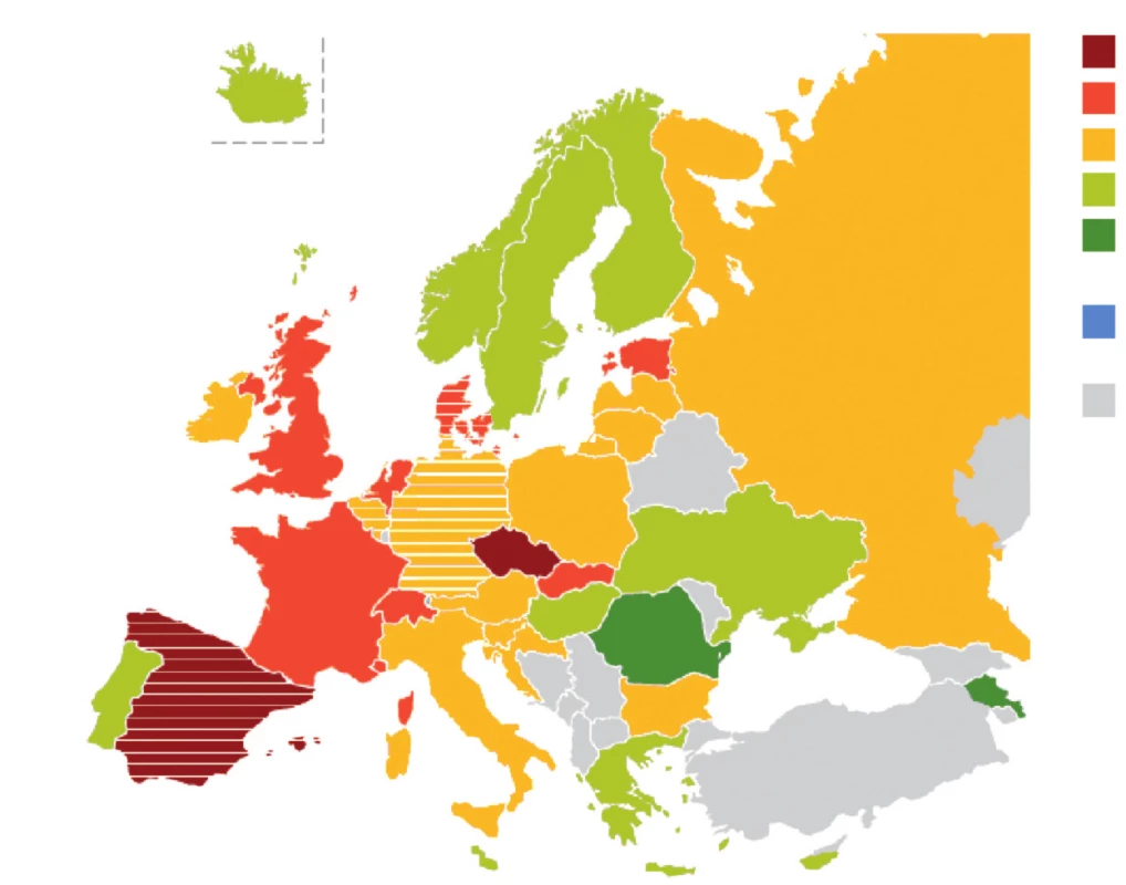 Celoživotní prevalence užití jakékoli ilegální drogy u 16letých (podle ESPAD 2007, data s vodorovným linkováním – země s velkou regionální variabilitou dat).