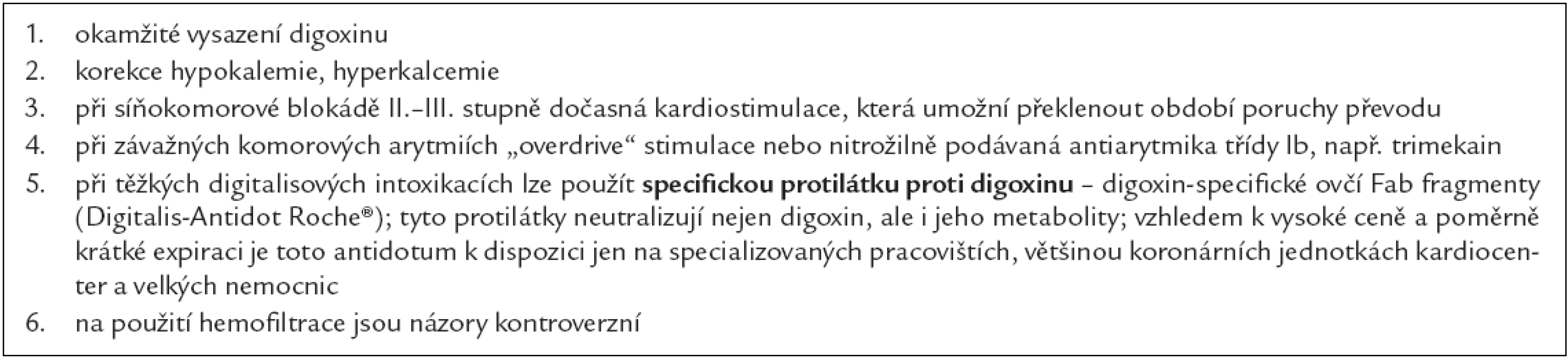 Léčebná opatření při digitalisové intoxikaci.