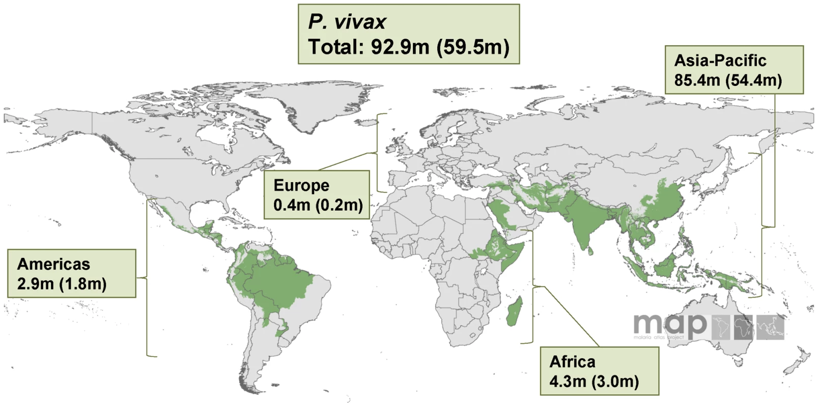 Malaria risk map for <i>P. vivax</i> and corresponding number of pregnancies in each continent in 2007.