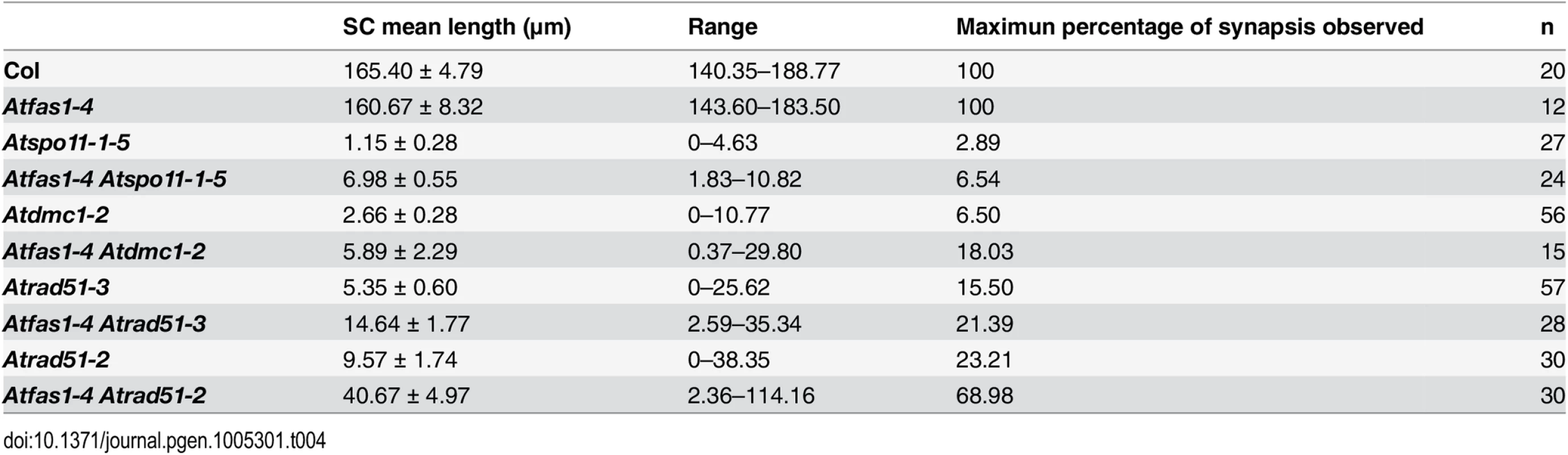 Comparison of SC lengths among different mutants.