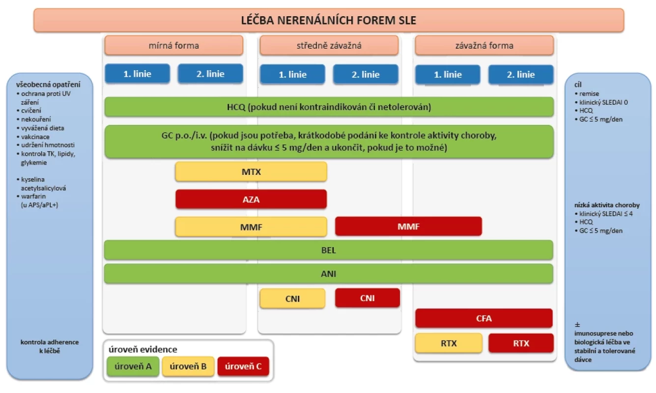 Léčba ne-renálních forem SLE dle doporučení EULAR z roku 2023 (upraveno dle 13). MTX, AZA a MMF jsou rovnocenné možnosti pro druhou řadu terapie u mírného onemocnění nebo první linie terapie u středně těžkého onemocnění.