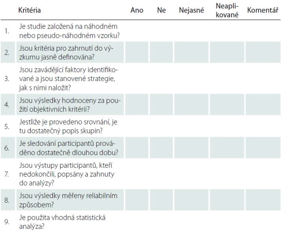 Standardizovaný nástroj JBI-MAStARI pro kritické hodnocení metodologické kvality deskriptivních studií [1,17].