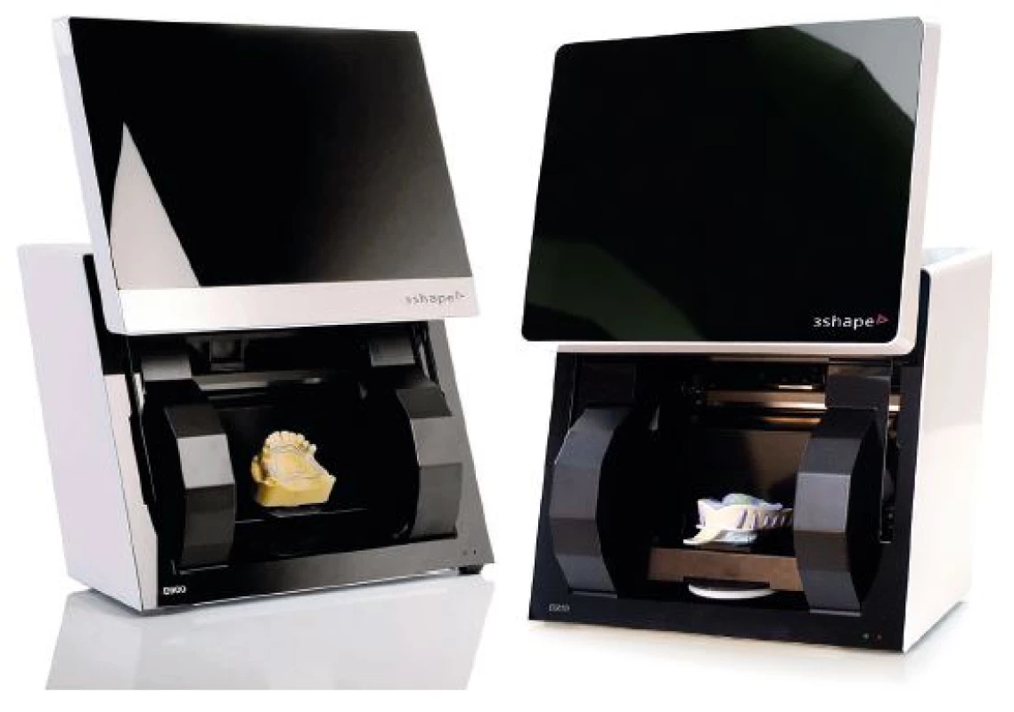 Laboratorní skenery D900 a D700 (3Shape, Dánsko) pro nepřímou digitalizaci sádrových modelů a zubních otisků (převzato z: <a href="https://www.3shape.com/">www.3shape.com</a>)