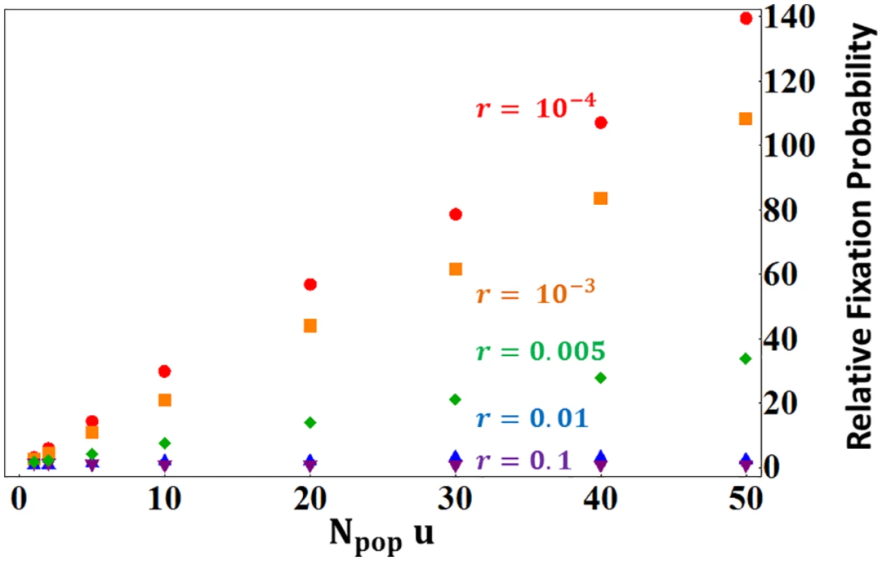 Fixation probabilities ratios of stronger enhancers (3:1 strength ratio compared to the resident allele) relative to that of neutral mutation (from <em class="ref">Eq 7</em>).