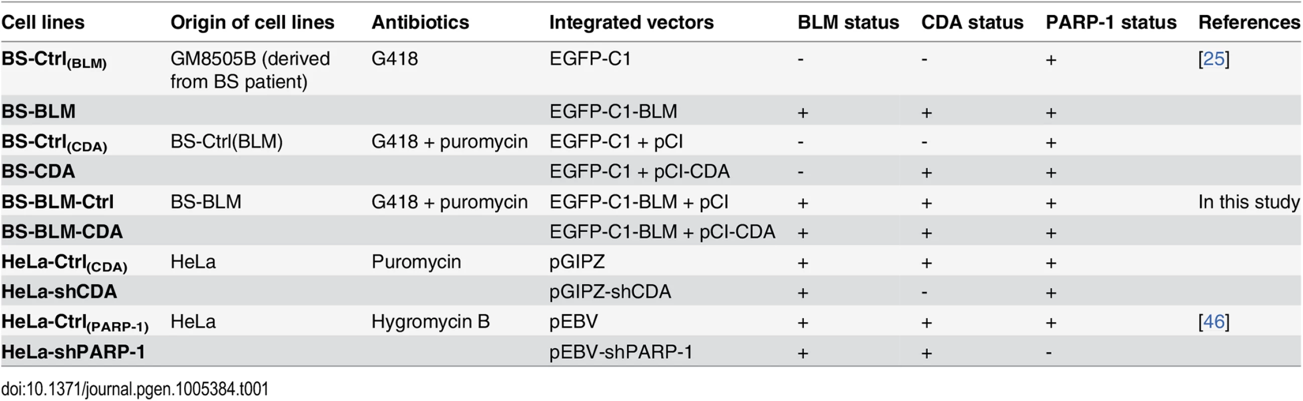 Characteristics of cell lines.