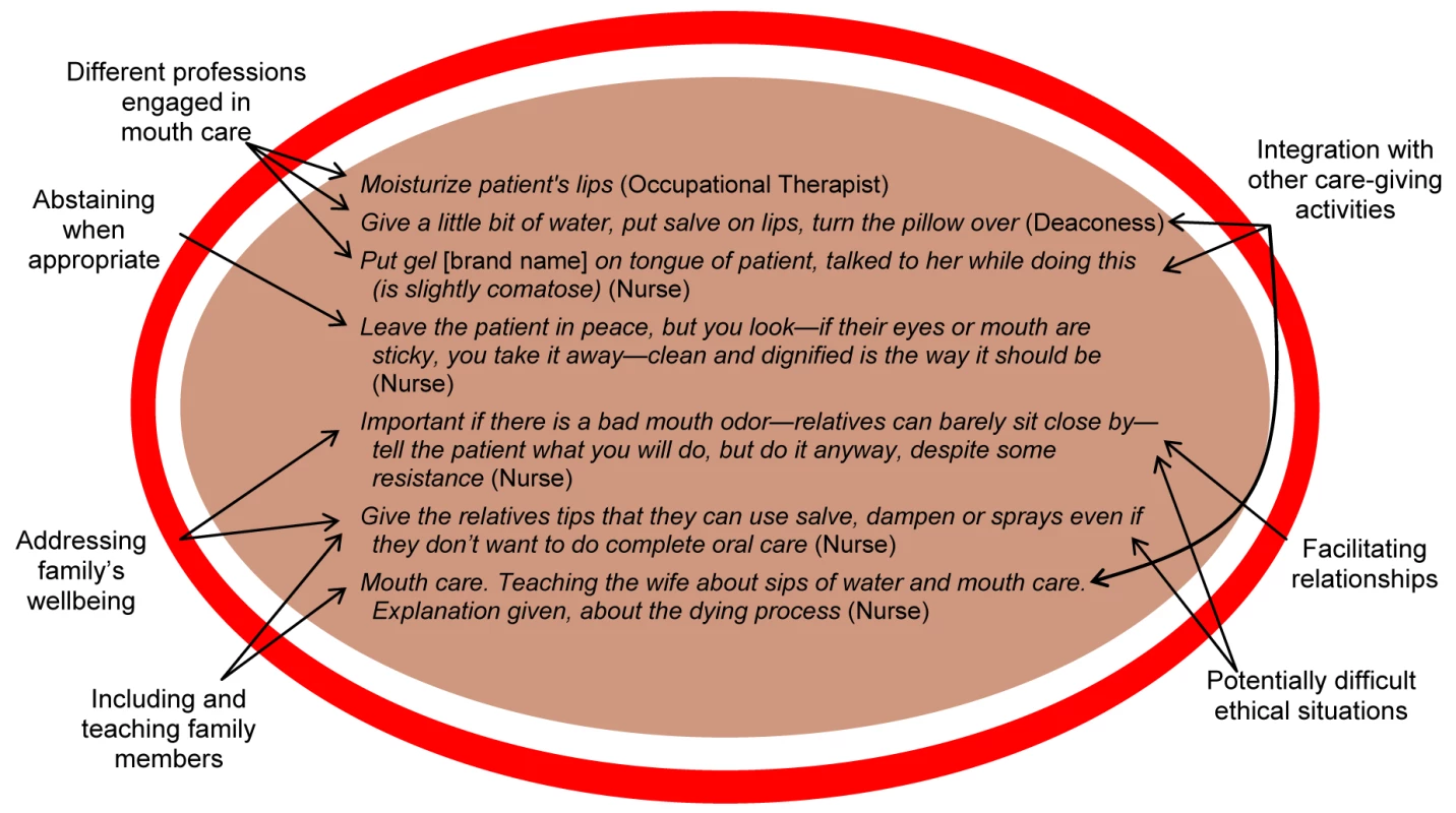 Examples of statements related to mouth care from the category “carrying out or abstaining from bodily care and contact” (total <i>n</i> = 54).