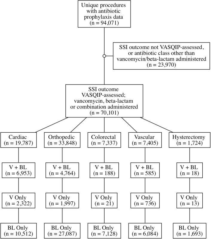 Creation of cohort: Eligible surgeries and distribution by surgical prophylaxis regimen.