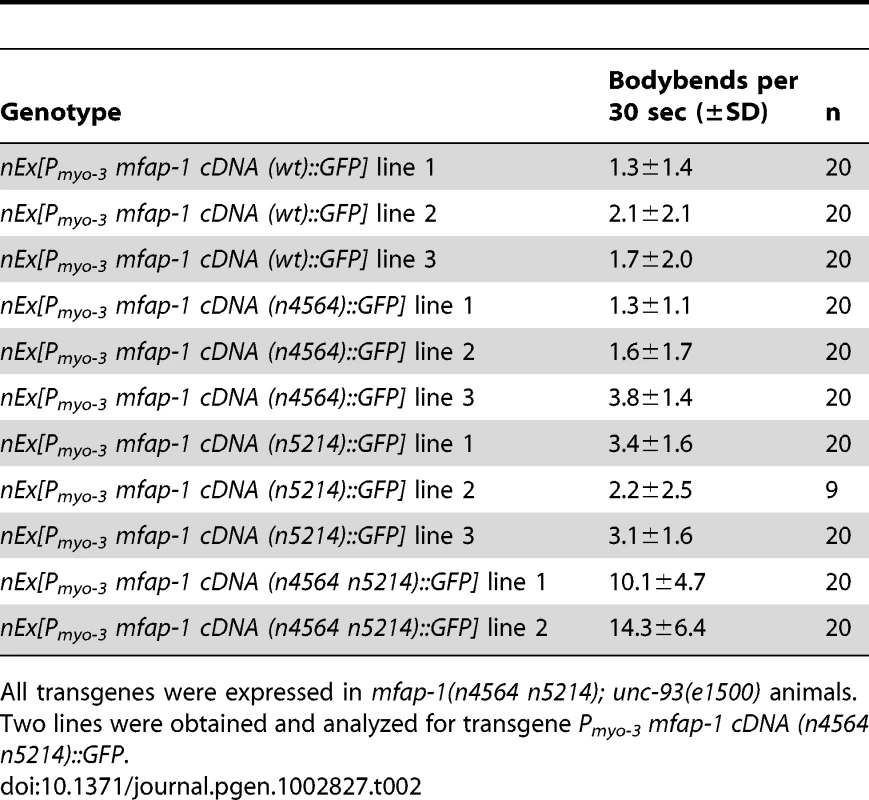 <i>mfap-1(n4564)</i> and <i>mfap-1(n5214)</i> are weak mutations that act together to suppress the rubberband Unc phenotype of <i>unc-93(e1500)</i> animals.