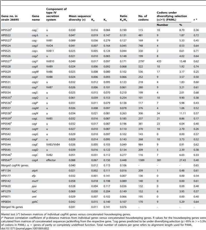 Sequence diversity, <i>K</i><sub>s</sub>/<i>K</i><sub>a</sub> ratios, and codons under diversifying selection in <i>cag</i>PAI and housekeeping genes (37 strains).