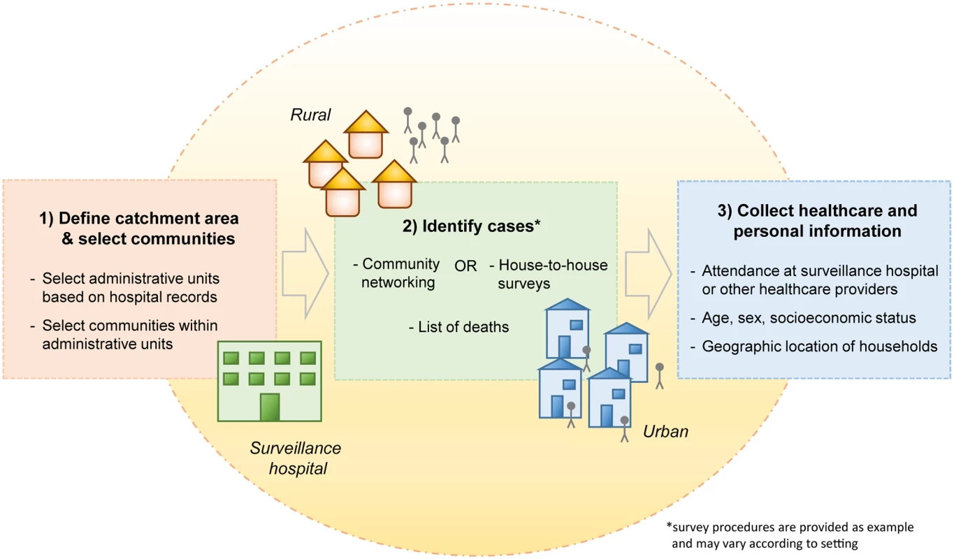Key steps of the collection of healthcare utilization data to evaluate the sensitivity and representativeness of surveillance systems.
