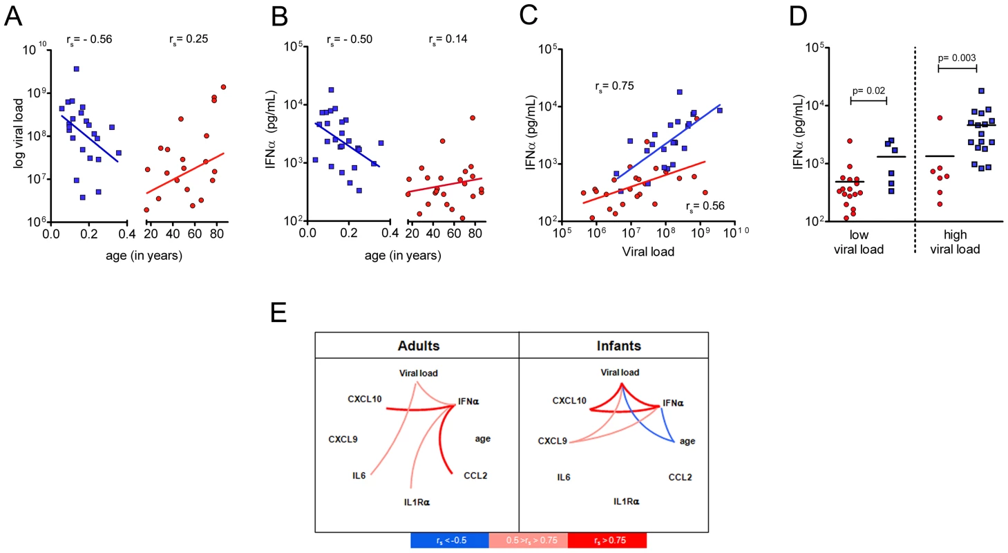 Higher serum IFNα in infants is not explained by differences in viral load.
