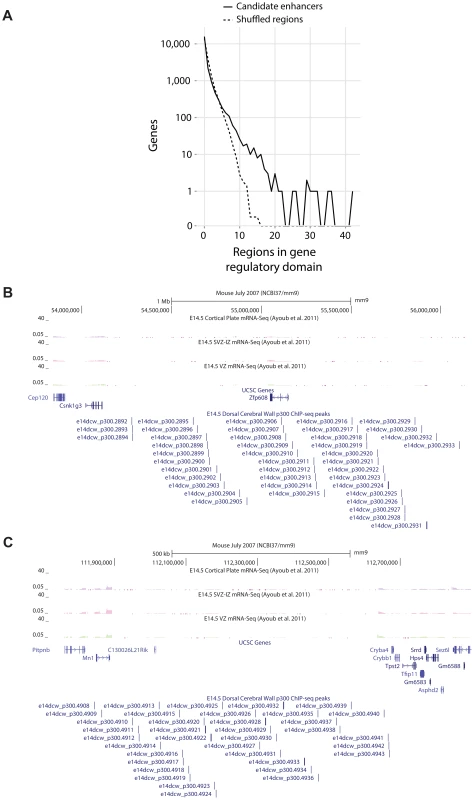 A) Observed number of candidate enhancers in the regulatory domain of all genes compared to random expectation.
