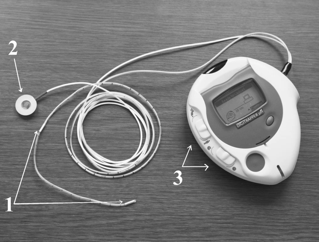 Přístroj Digitrapper pH 400 firmy Medtronic používaný k provedení ambulantní 24hodinové dvoukanálové pH–metrie. 1–sonda s dvěma senzory ve vzdálenosti 15 cm, 2–referenční elektroda, která se lepí na hrudník pacienta, 3-tlačítka k zaznamenání polohy pacienta a období jídla.
