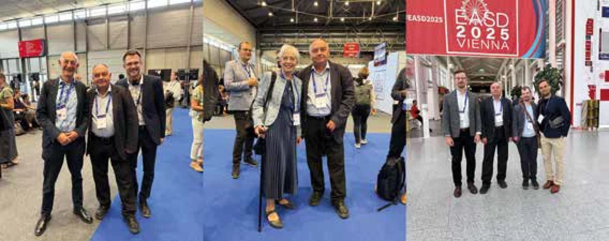 Prof. Marián Mokáň s prof. Simonom Hellerom a dr. Petrom Novodvorským a na druhej snímke s prof. Dame Stephanie Amiel a na poslednej so svojimi žiakmi v priateľských stretnutiach počas kongresu