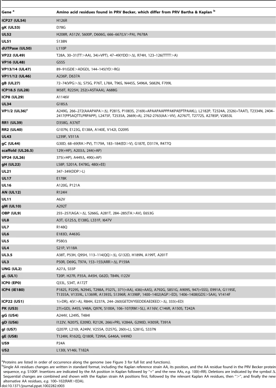 Protein-coding variations unique to the virulent strain PRV Becker, in comparison to strains PRV Bartha and Kaplan.