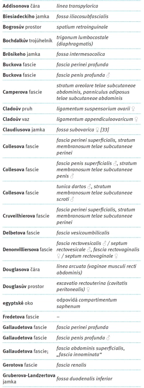 Přehled eponym a jejich latinských ekvivalentů. Tab. 1. Review of the eponyms and their Latin equivalents.
