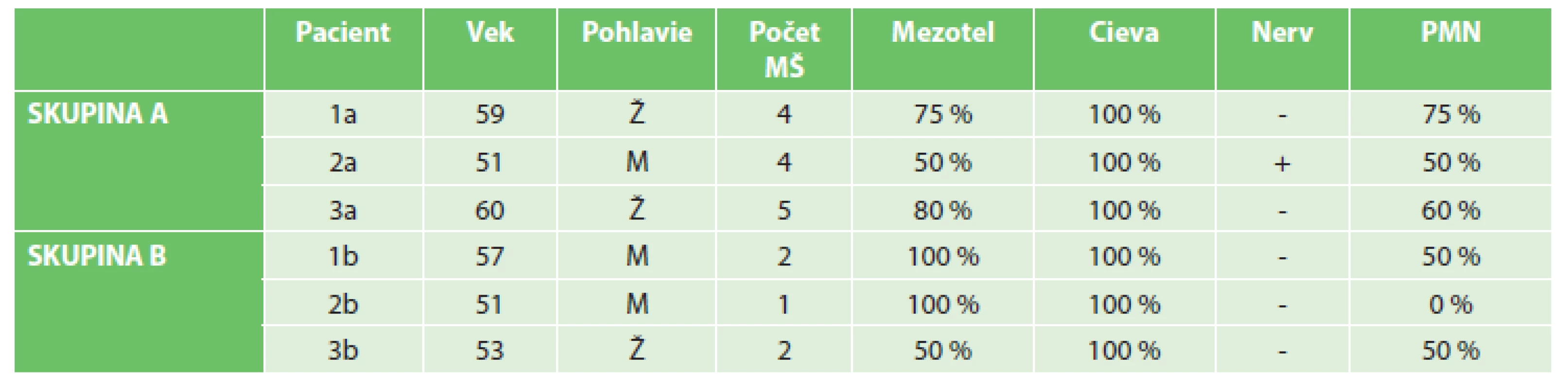Prehľad pacientov a vybraných parametrov mliečnych škvŕn v histologických rezoch farbených H-E
Tab. 1: Overview of patients and selected milky spots parameters in histological sections stained with H-E
