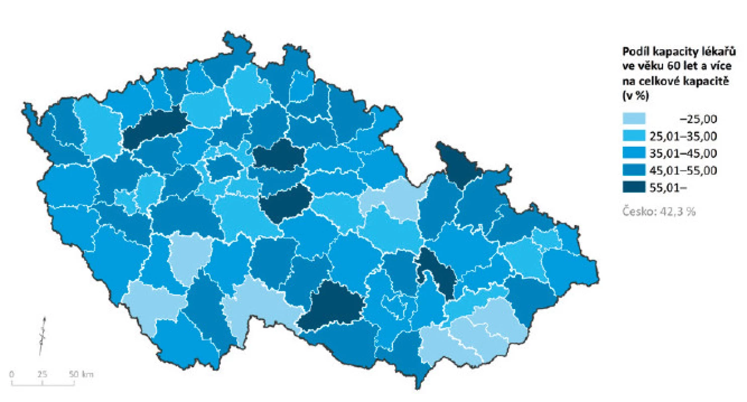 Podíl kapacity praktických lékařů pro děti a dorost ve věku 60 a více let na celkové kapacitě; stav k 31. 12. 2015