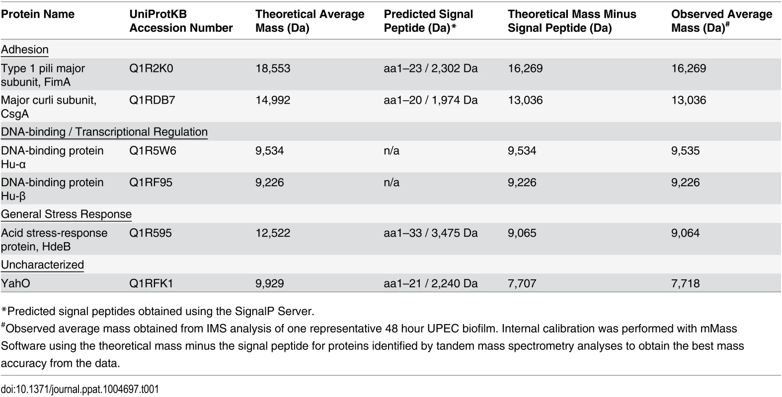Identified proteins observed by IMS within 48-hour UPEC biofilms.