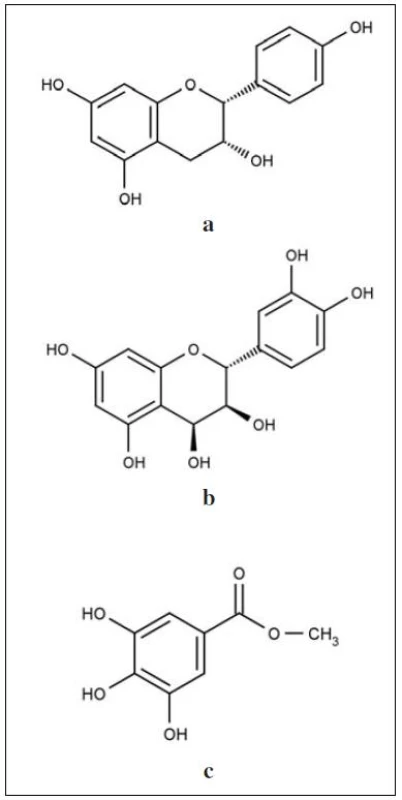Strukturní vzorce obsahových látek z extraktů rodu Bergenia: a – α-afzelechin, b – leucocyanidin, c – methyl gallát<sup>18, 60, 61)<sup/>