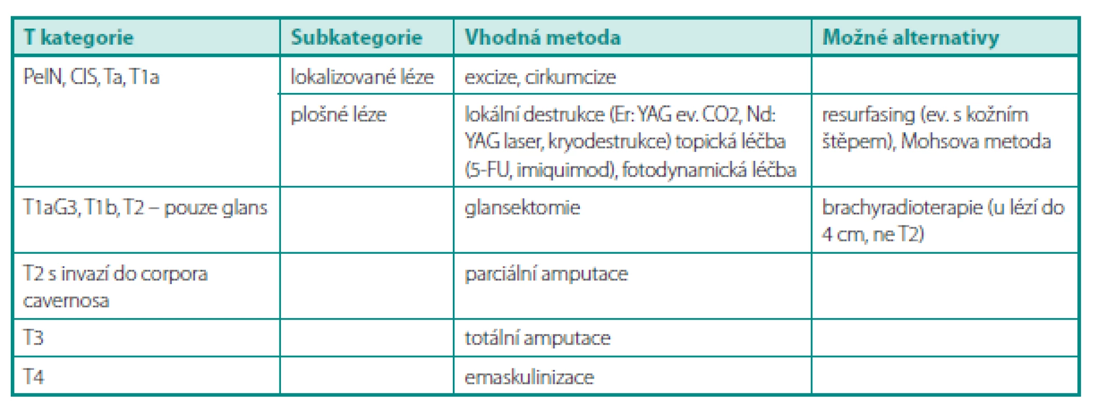 Přehled možností léčby primárního tumoru penisu dle T kategorie (TNM klasifi kace 2009, 7. vydání) (12)
Table 1. Summary of treatment possibilities of penile tumor by T category (12)