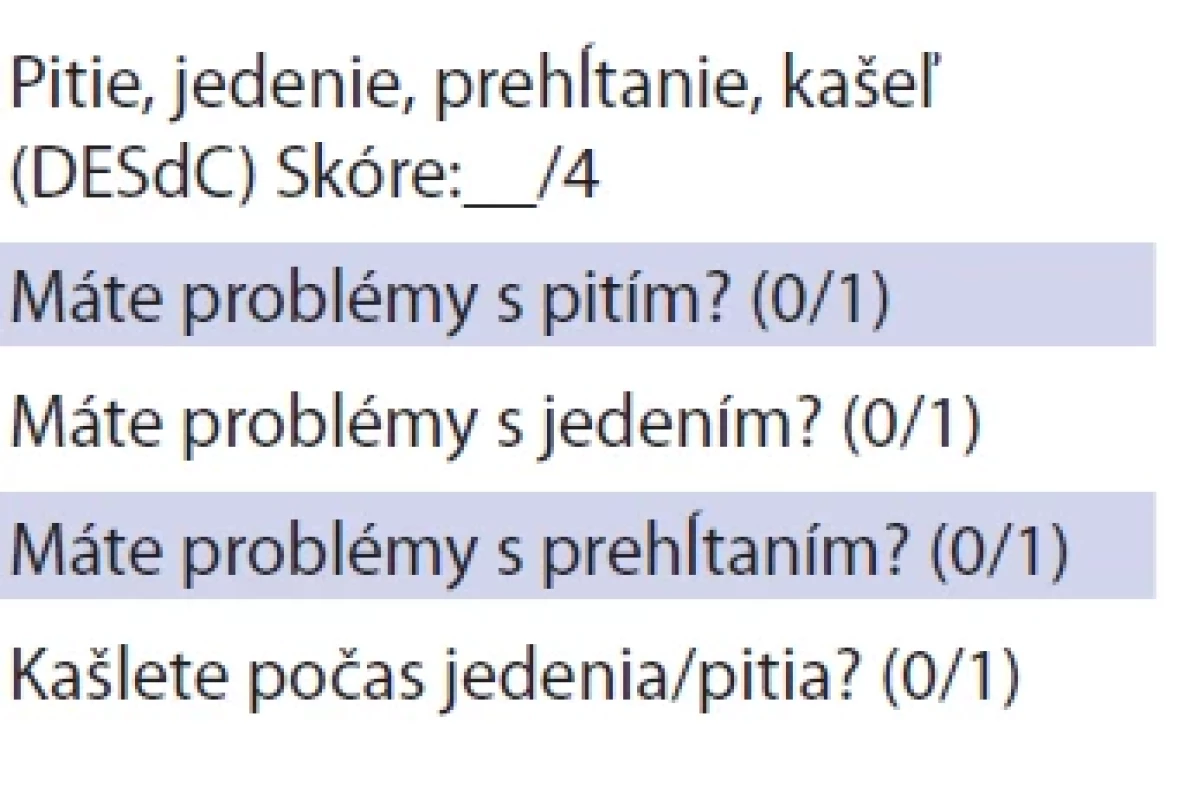 Skóre pitie, jedenie, prehĺtanie, kašeľ. 