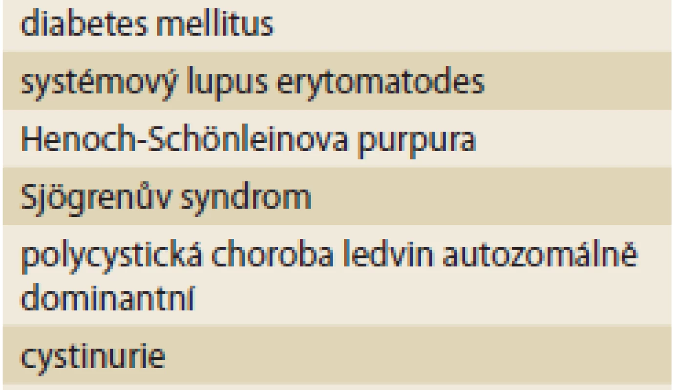 Nejčastější systémová a vrozená onemocnění postihující současně GIT a ledviny.
Tab. 1. Most common systemic and congenital diseases affecting both GIT and kidney.