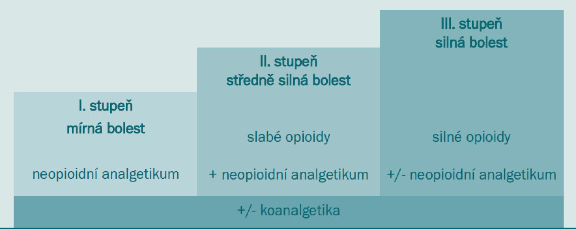Analgetický žebříček WHO (podle Metodických pokynů pro léčbu farmakoterapie nádorové bolesti 2004).