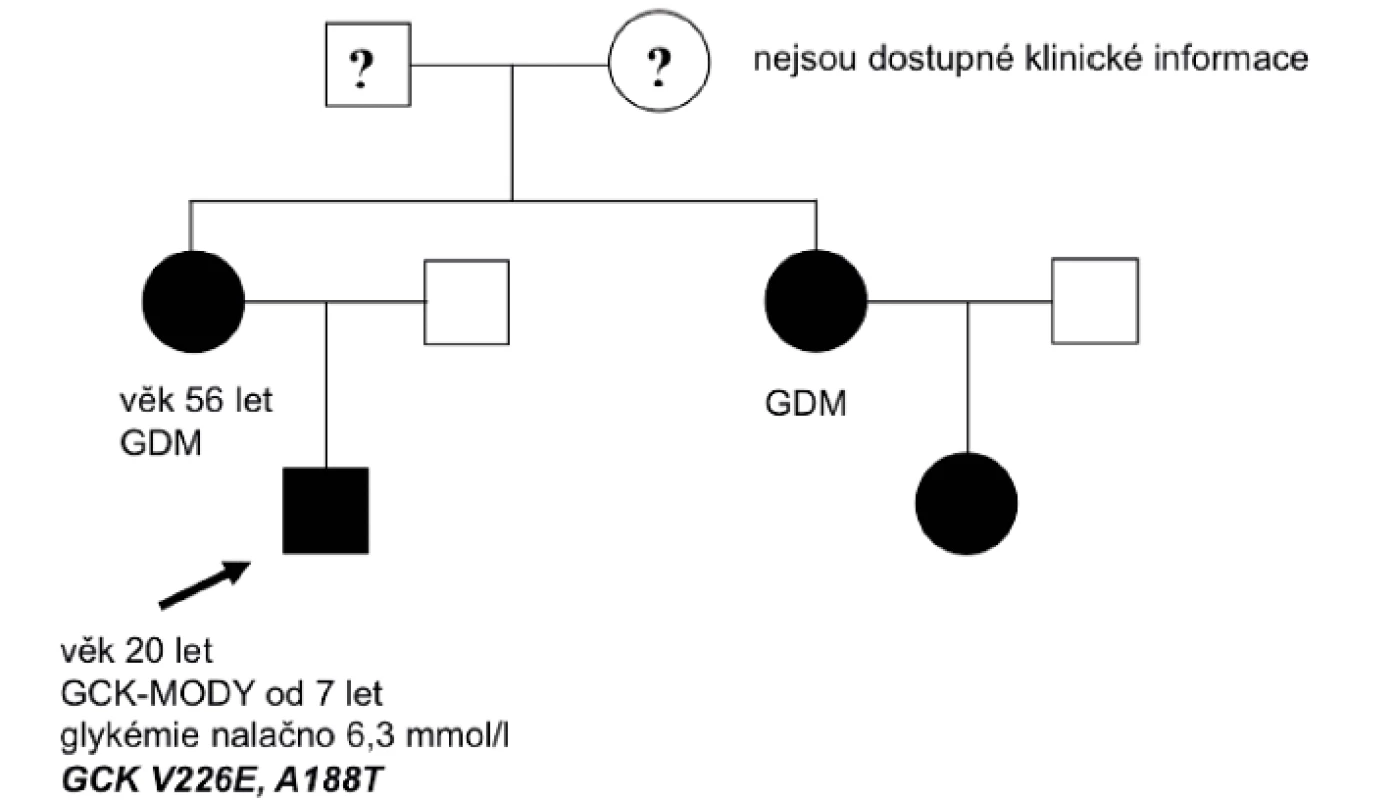 Rodokmen rodiny nesoucí mutaci v genu GCK. Probandem byl 7letý chlapec s náhodně zachycenou zvýšenou lačnou
glykémií. Matka a teta dítěte byly vedeny pod diagnózou gestačního diabetu. GCK-MODY: glukokinázový diabetes, GDM:
gestační diabetes mellitus