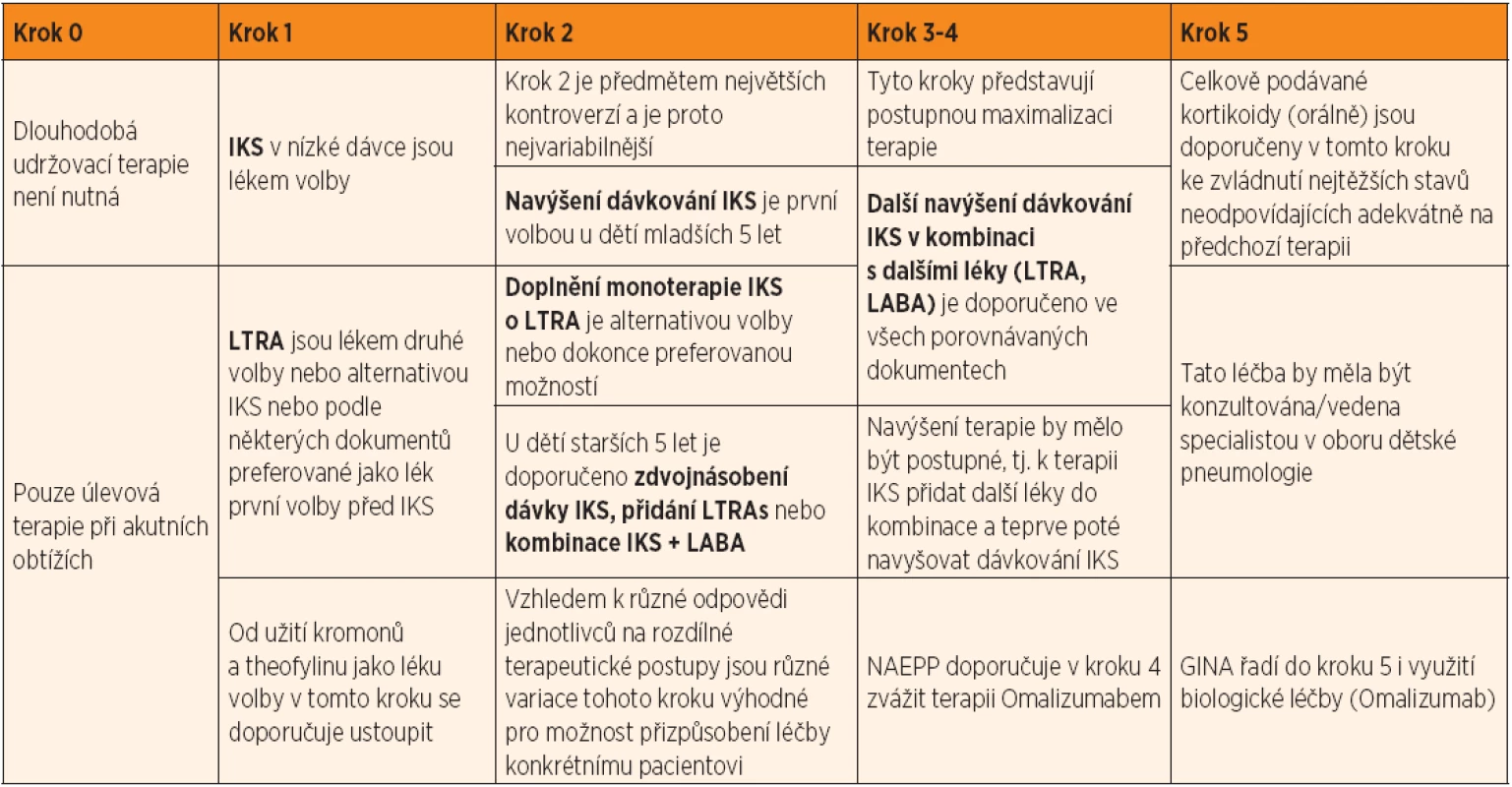 Koncept dlouhodobé terapie průduškového astmatu u dětí v jednotlivých krocích.