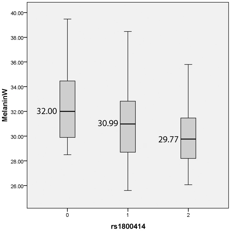 Boxplot showing melanin index by rs1800414 genotype for the Canadian East Asian sample.