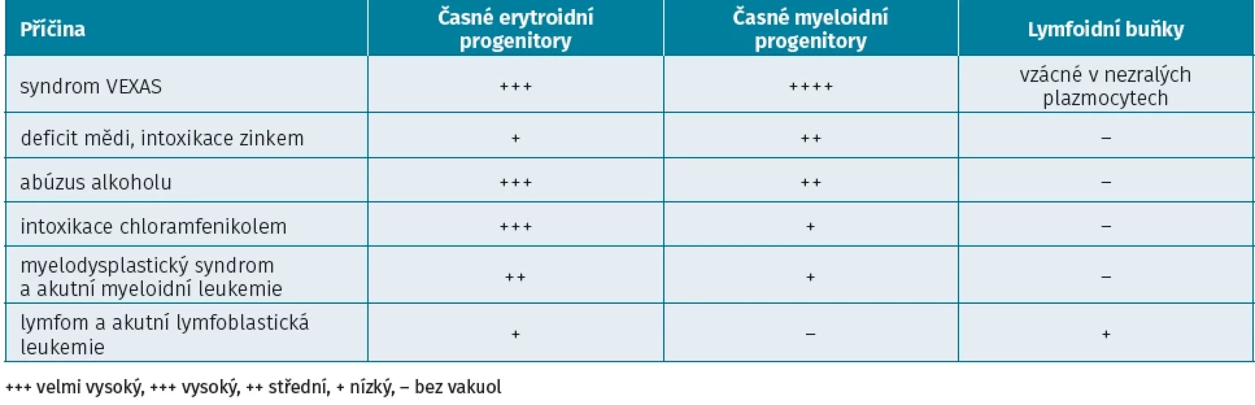 Hlavní příčiny vakuolizace krvetvorných buněk kostní dřeně, jejich typ a stupeň (dle 27)
