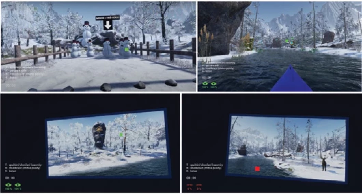 At the top are images from the interactive, highly immersive VR application Cold River (experimental group), and at the bottom are low-immersive static images (control group).