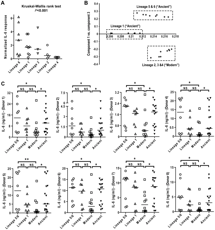 IL-6 production varies with genetic clustering of MTBC lineages.