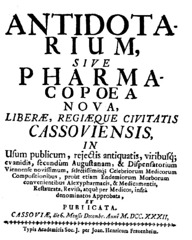 Titulná strana Košického antidotária. Antidotarium Cassoviense (Kaschau 1732). Faksimile. Gent, Christian de Backer 1977