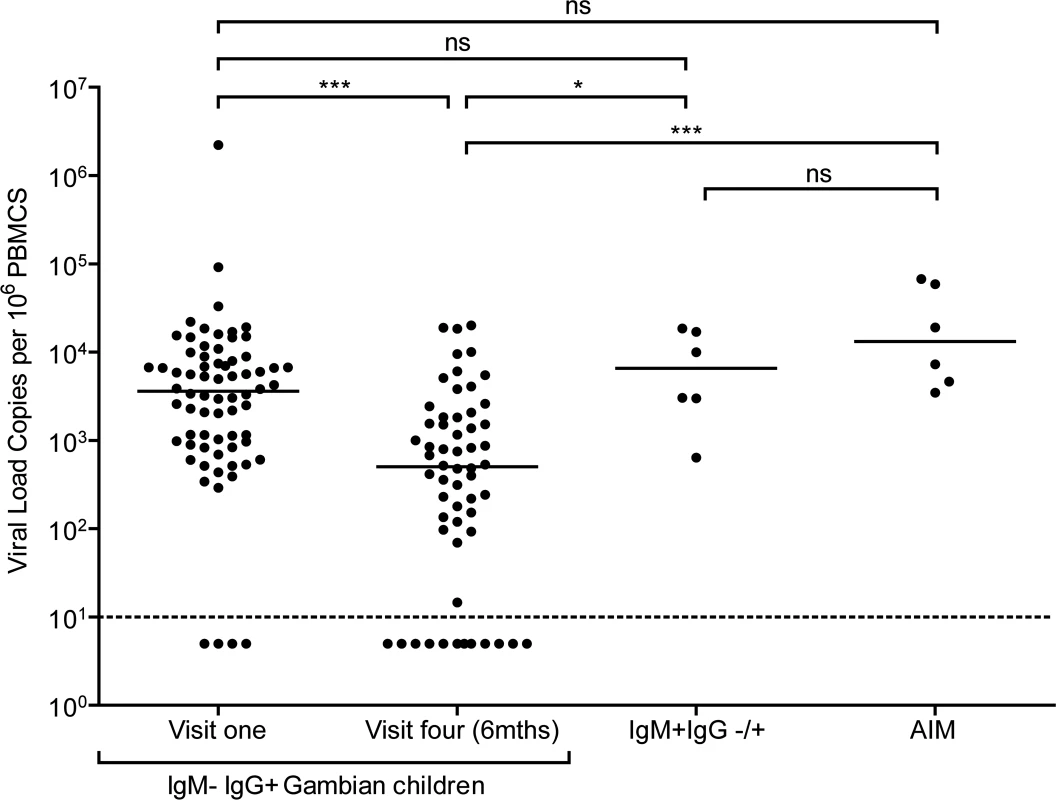 EBV loads in peripheral blood mononuclear cells (PBMCs) from Gambian infants compared to Acute Infectious Mononuclear (AIM) patients.