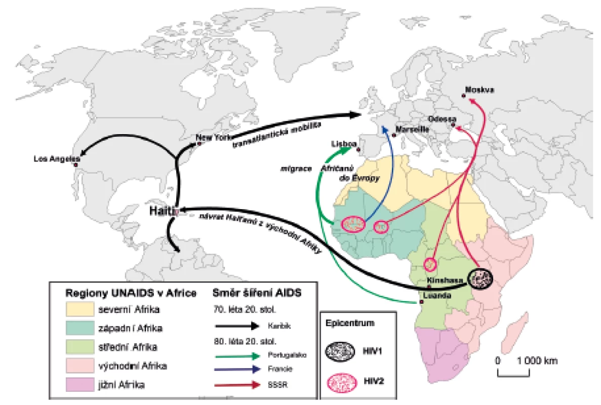 Globální šíření viru HIV ze subsaharských center
Figure 1. Global spread of HIV from Sub-Saharan regions