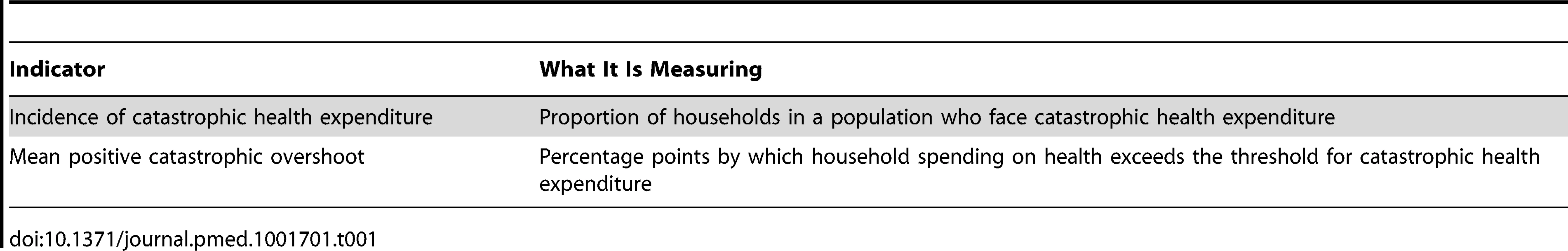 Key indicators of the concept of catastrophic health expenditure.