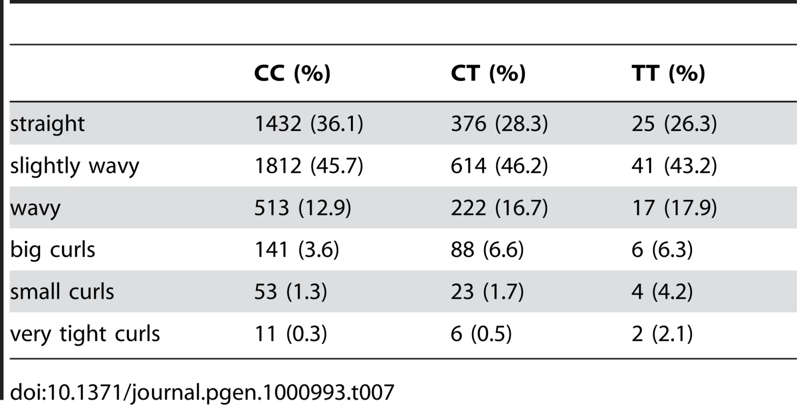 Counts for hair curl versus genotype at rs7349332.