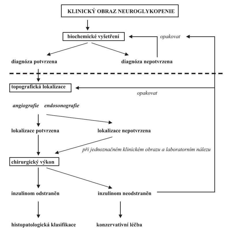 Algoritmus diagnostiky a léčby inzulinomu
Čárkovaná čára vyznačuje úroveň, na níž musí být rozhodnuto o diagnóze organického hyperinzulinismu a jeho chirurgickém řešení.