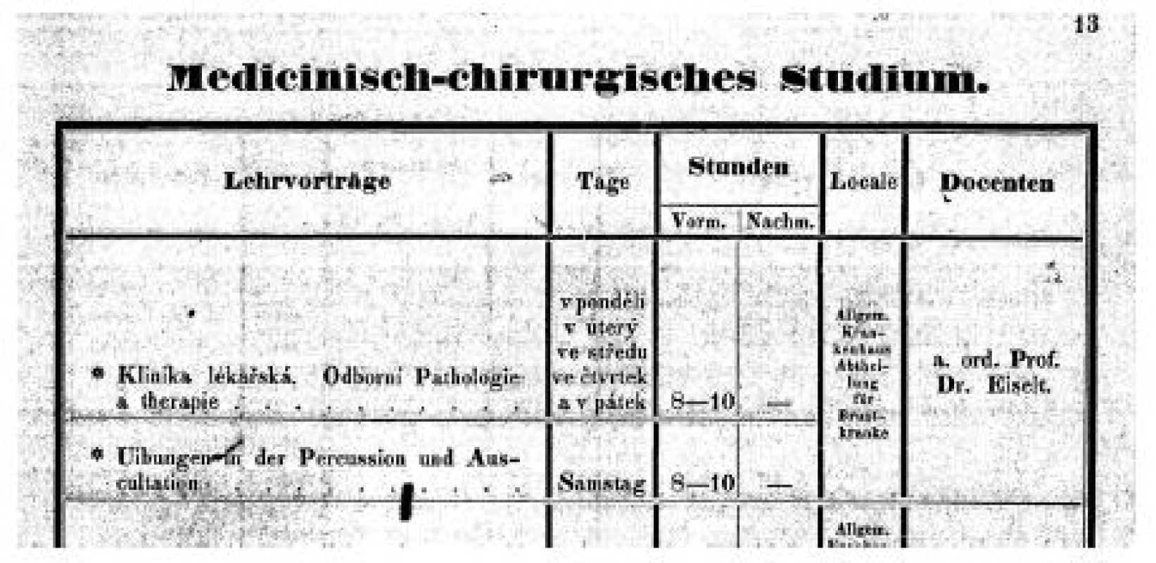 První ohlášení českých přednášek B. Eiselta v zimním semestru 1871–1872 o celém vnitřním lékařství znamenalo založení první české kliniky na pražské univerzitě